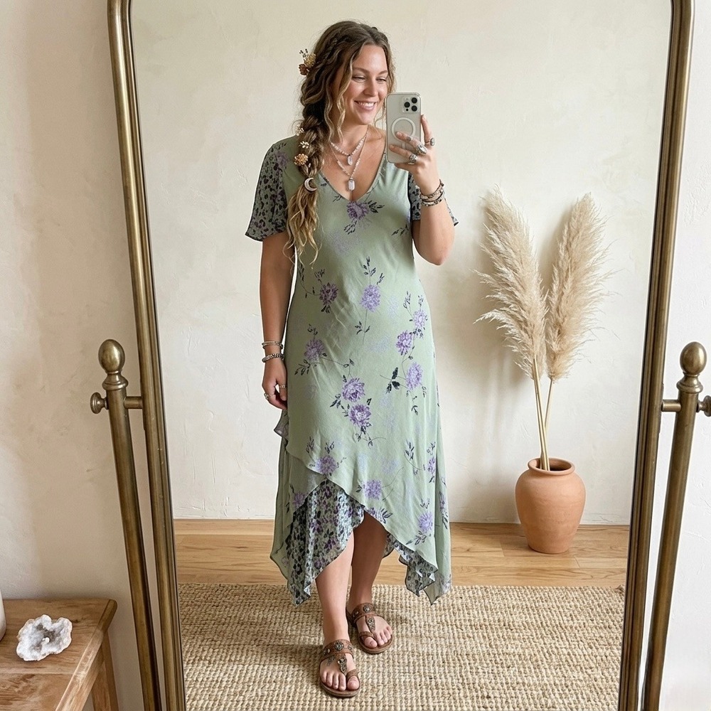 VTG Eva Blue Midi Dress Women 14 Green Purple Floral‎ Beaded Fairy Ethereal Boho